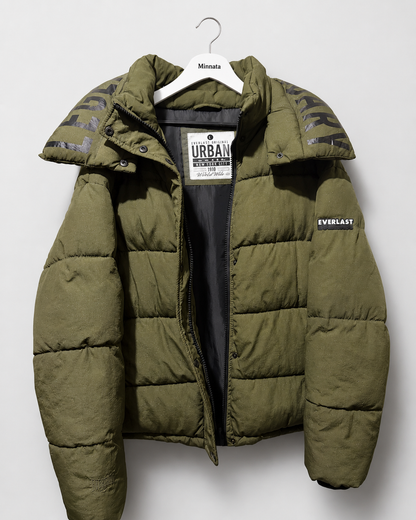 Parka puffer Everlast | Verde militar con capucha desmontable (100% poliéster)| Talla L