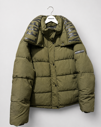 Parka puffer Everlast | Verde militar con capucha desmontable (100% poliéster)| Talla L