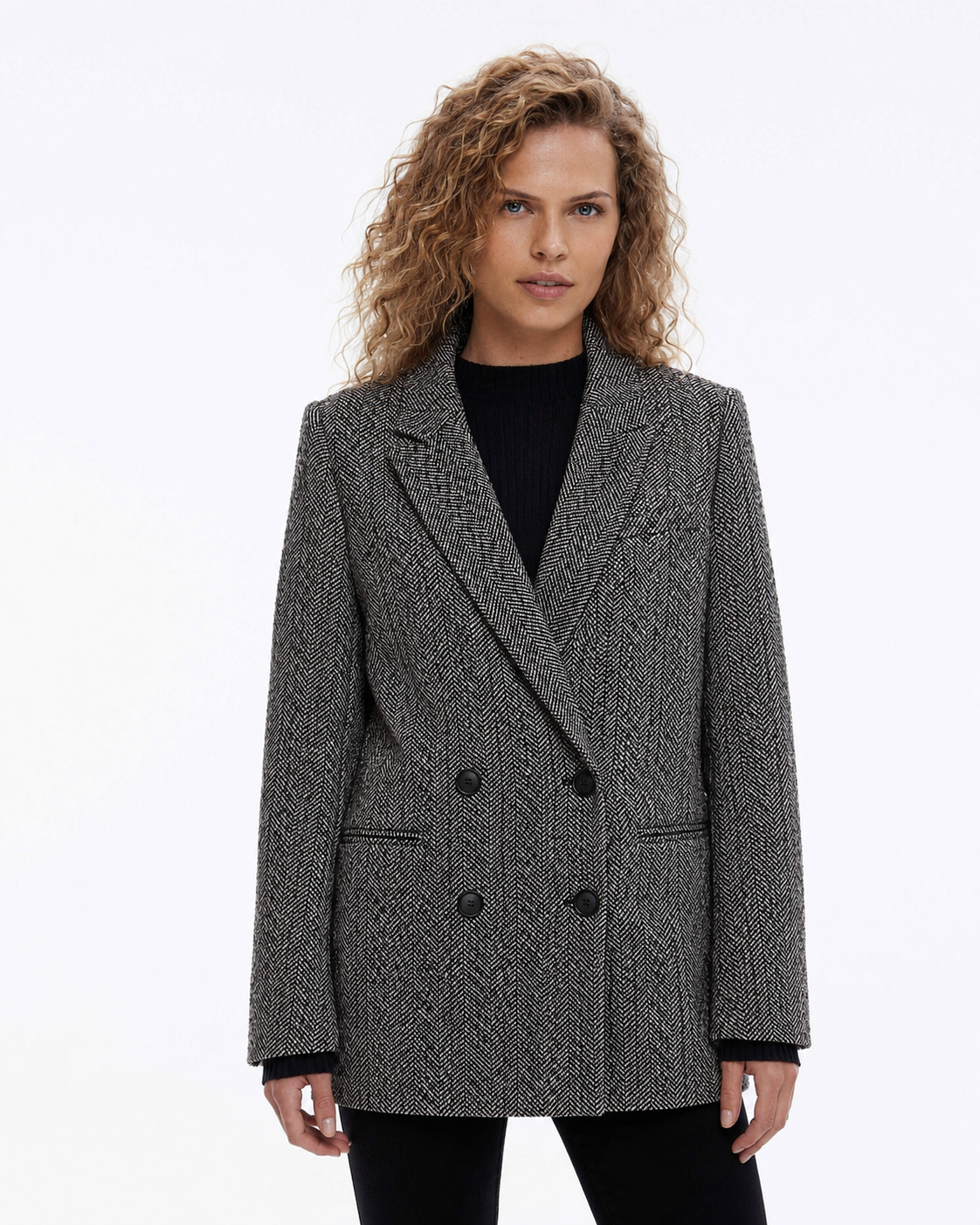 Blazer H&M cruzado de tweed espiga, invierno, gris/negro| Talla 38