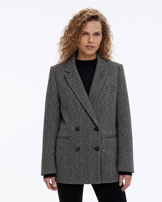Blazer H&M cruzado de tweed espiga, invierno, gris/negro| Talla 38