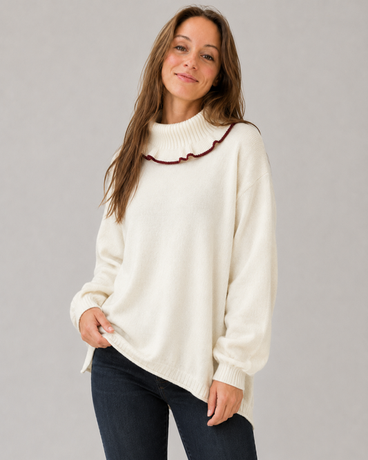 Sweater Cuello Volante con Ribete Rojo | Talla  L