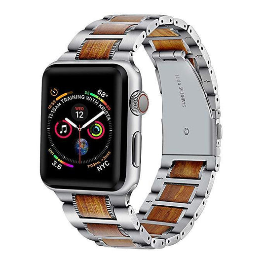 Pulseira luxuosa de madeira natural e aço inoxidável para Apple Watch