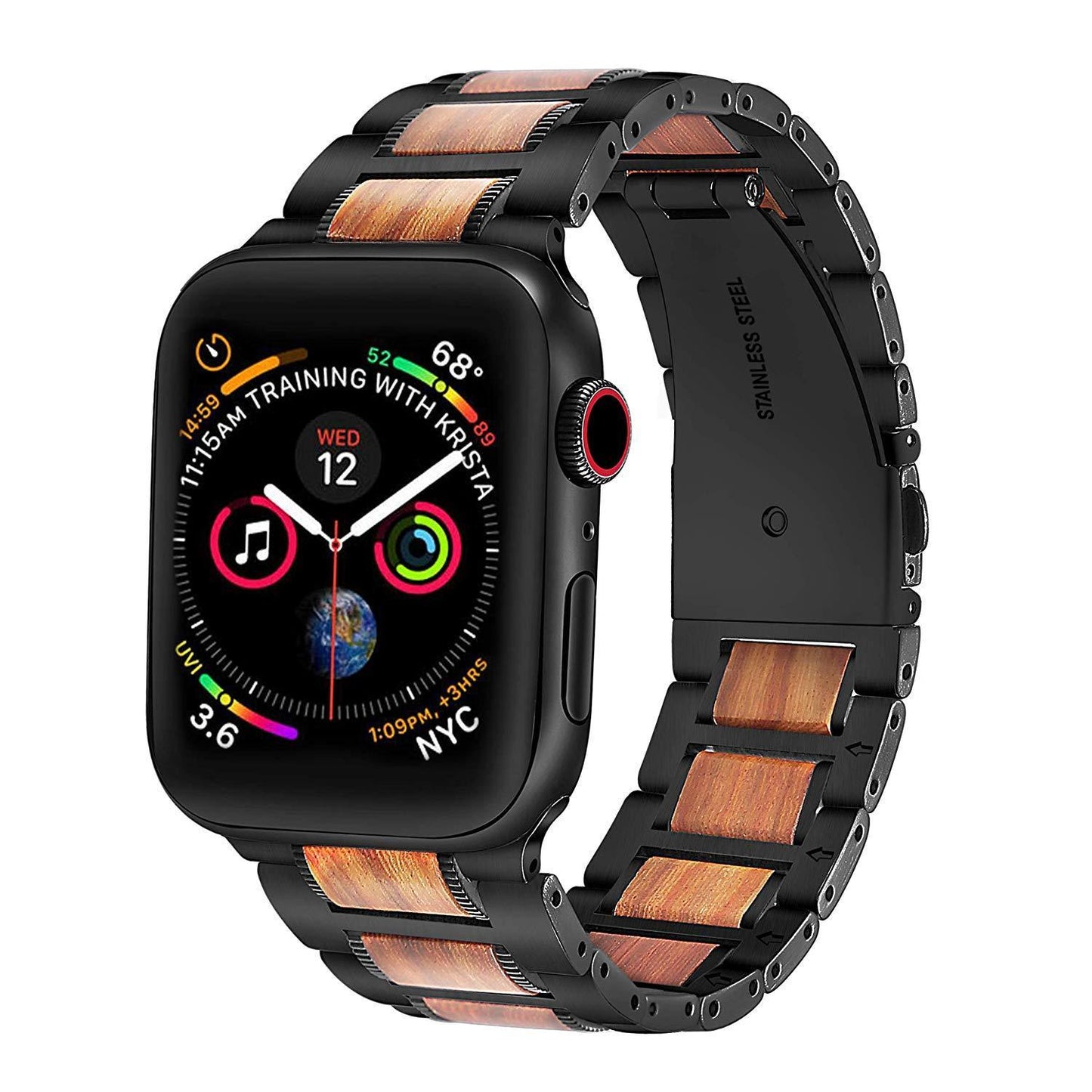 Correa de lujo para Apple Watch de madera natural y acero inoxidable